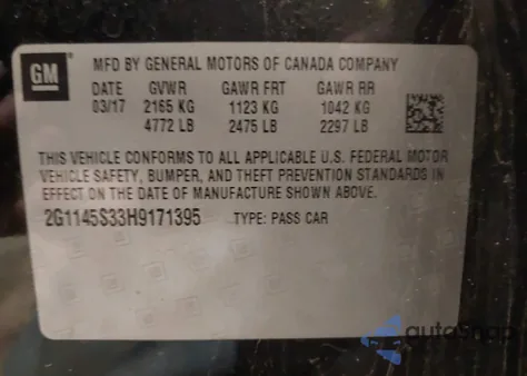 2017 Chevrolet Impala 2Lz z USA, uszkodzony, nr VIN 2G1145S33H9171395